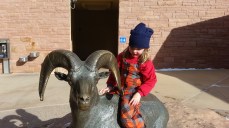 There are probably 100 million photos of kids riding this sheep around the world but I bet not many of them have orange plaid snowveralls.
